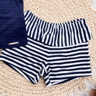 Conj. Blusa Laço com Strass e Short Listrado - Branco e Marinho